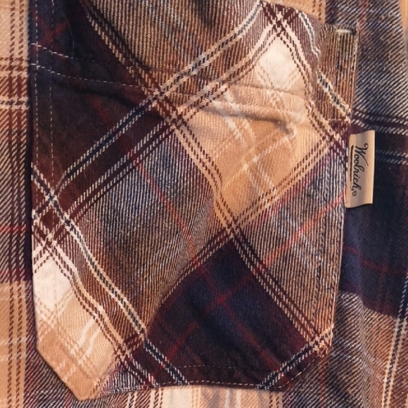 Woolrich Men’s XL Plaid Flannel Shirt 100% Cotton Brown Tan Blue - Picture 3 of 13